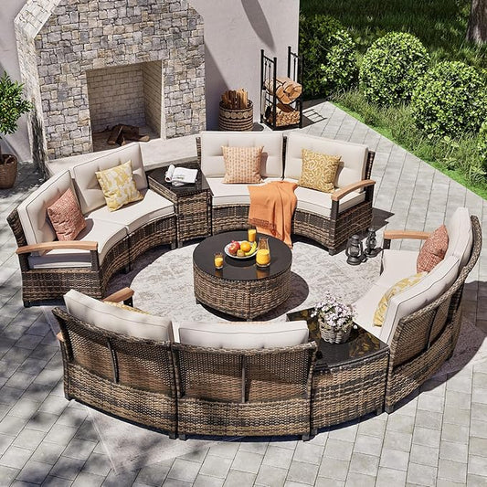MEISSALIVVE 11 Piece Outdoor Patio Furniture Set, Half-Moon Curved Sectional Sofa Rattan Conversation Set with Wood Armrests, Coffee Table & 2 Side Table（Brown）