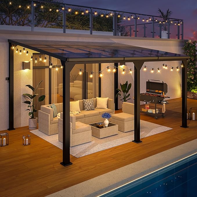 10 * 14FT Pergola,Outdoor Gazebo,Hardtop Lean to Gazebo,Wall Mounted Pergola,Pergolas Gazebos Clearance,Aluminum Frame Pergola,UV Resistant Patio Roof,Patio Awnings for Porch,Lawn,Backyard