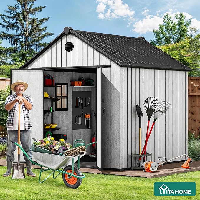 YITAHOME 8 x 8 ft Outdoor Plastic Storage Shed with Floor, Waterproof Garden Shed with Lockable Door, Windows & Vents, Plastic Tool Storage for Patio Furniture, Lawn Mower, Bike Storage