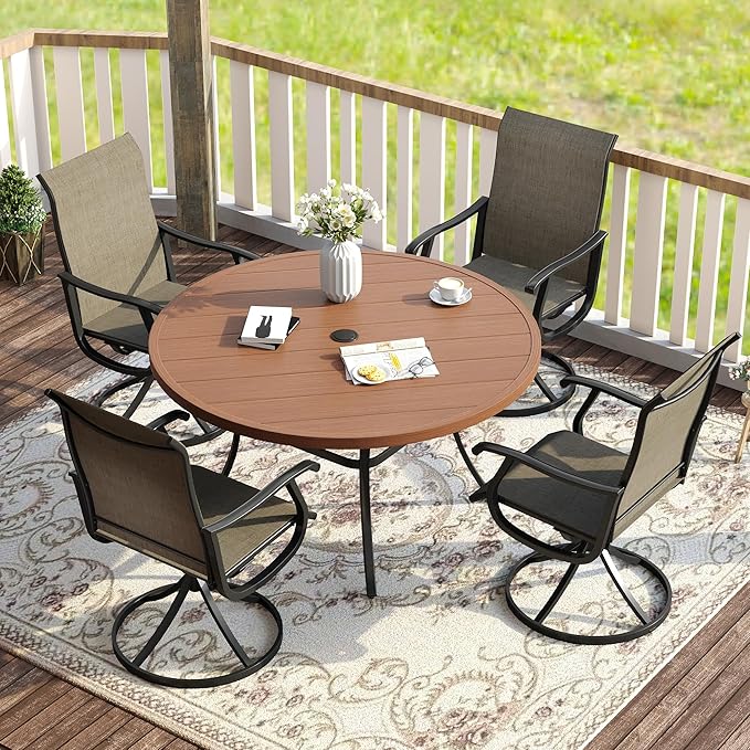 VICLLAX Patio Dining Set for 4, 5 Pieces Outdoor Furniture Includes 40.6" Round Patio Table with Umbrella Hole and 4 Outdoor Swivel Chairs for Lawn Garden, Walnut Tabletop and Mixed Brown Fabric