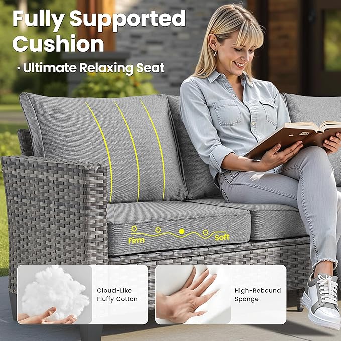 ovios 6 Pieces Patio Furniture Set Outdoor Sofa Couch with Solar Lights Table Comfy Cushions, Modern Deep Seat Wicker Rattan Conversation Set for Porch Deck, Dark Grey