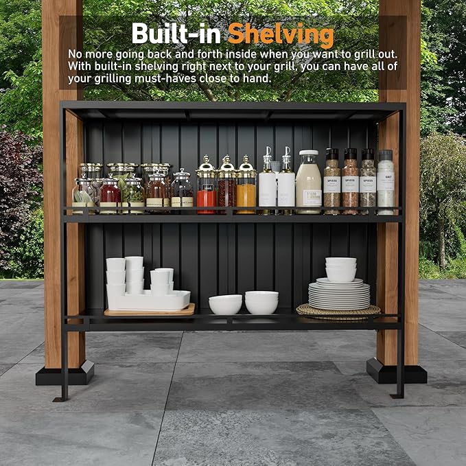 Modern Shade Woodberry Grill Gazebo 6' X 12', Cedar Wood Gazebo with Dual bar Tops & Shelves, Patio Pavilion with Galvanized Steel Roof, USB and USB-C Charging Ports for Patio, Garden