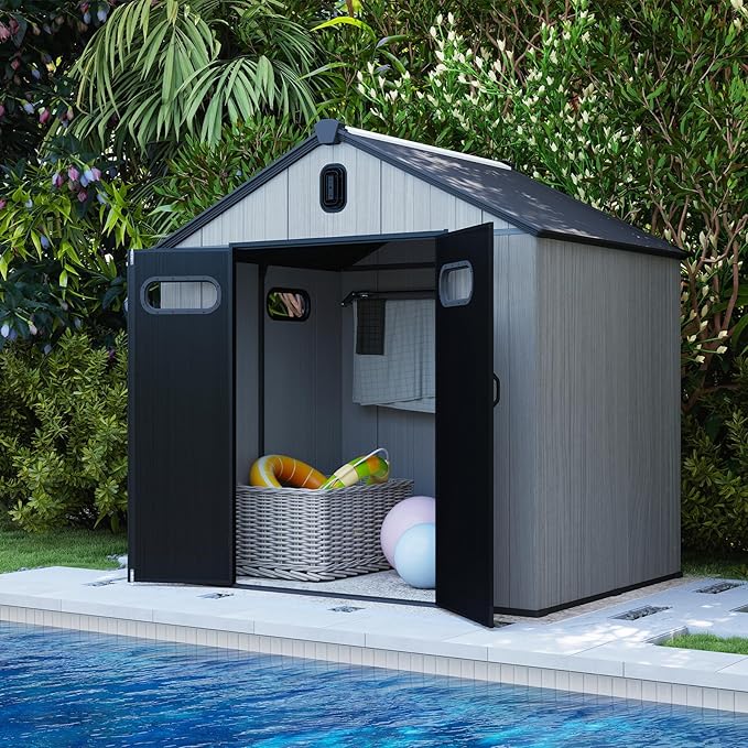 Domi 8×6ft Outdoor Resin Storage Shed - 292+ Cubic Ft Weatherproof Double-Wall Yard Shed with Skylight, Lockable Door and Carpet, Heavy-Duty Steel Frame Storage Building for Lawn Mower, Bike, Tools