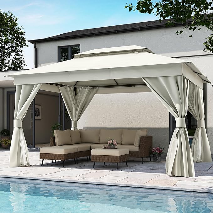 LAUSAINT HOME Outdoor Patio Gazebo 10'x13' with Expansion Bolts, Heavy Duty Gazebos Shelter Party Tent with Double Roofs, Mosquito Nettings and Privacy Screens for Backyard, Garden, Lawn, Cream White