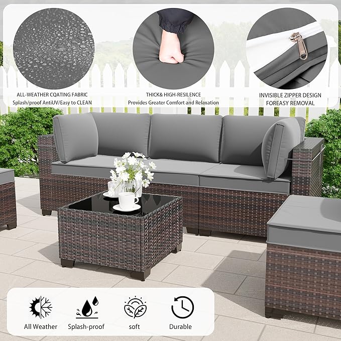 Outdoor Patio Furniture Set, 14 Pieces Outdoor Furniture All Weather Patio Sectional Sofa PE Wicker Modular Conversation Sets with Coffee Table,12 Chairs & Seat Clips(Grey)