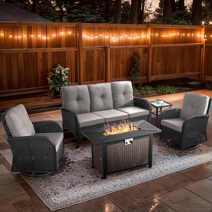 5 Piece Patio Furniture Sets with Fire Pit Table - Wicker Patio Conversation Sets with Swivel Glider, Loveseat, Tempered Glass Side Table for Deck Backyard - Black Wicker Beige Cushion