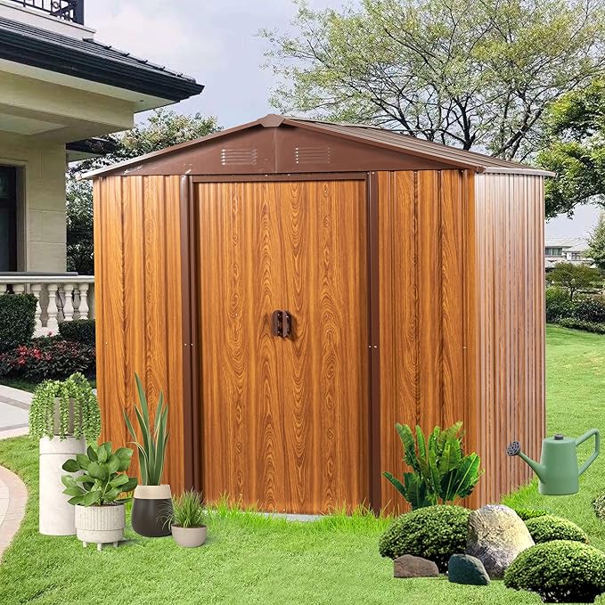 6 x 6 FT Outdoor Storage Shed, Metal Garden Shed with Floor Frame, Tool Shed Outdoor Storage with Lockable Sliding Doors & Air Vents, Storage House Waterproof for Backyard, Lawn, Coffee
