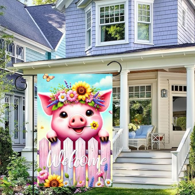 Spring Welcome Garden Flag 12x18 Inches Double Sided Cute Pig Yard Flags Colorful Floral Butterfly Sunflower Crown Fence for Outside Decor Home Farmhouse Holiday Summer Decorations