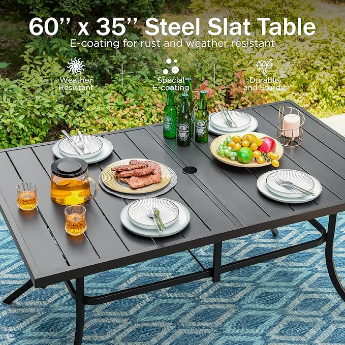 PHI VILLA 7 Piece Outdoor Dining Set for 6, 59” Rectangular Metal Steel Dining Table with Umbrella Hole & Cushioned Rattan Wicker Chairs for Patio, Deck, Yard, Porch