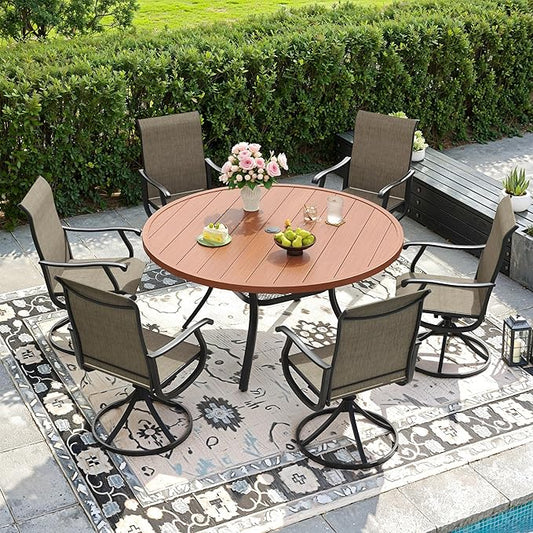 DIFY 7 Pieces Outdoor Patio Dining Set, 6 Brown Textilene Swivel Dining Chairs and 47.2" Walnut Round Dining Table, Metal Outdoor Table and Chairs