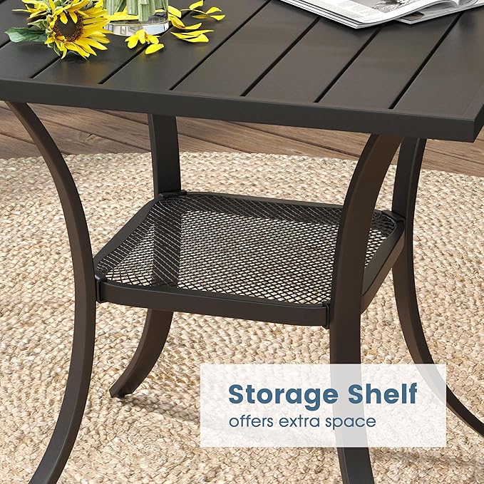 DIFY 3 Pieces Outdoor Patio Dining Set for 2, 27.6" Small Black Square Metal Dining Table and 2 Blue Textilene Swivel Dining Chairs, Outdoor Table and Chairs