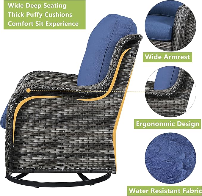Rilyson 5 Piece Outdoor Patio Furniture Set - Rattan Wicker Patio Conversation Sets with 2 Swivel Rocker Chairs,2 Ottomans and 1 Sofa for Outside Porch Deck Backyard(Mixed Grey/Blue)