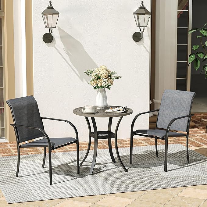 VICLLAX Round Patio Dining Table, Metal Outdoor Bistro Table with Storage Shelf for Balcony Garden Deck, 27.6 Inch Black