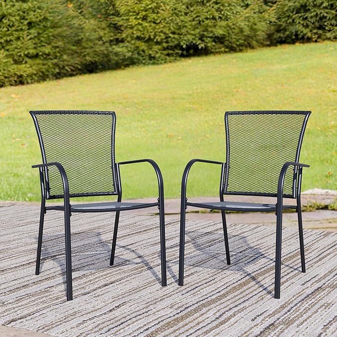 Outdoor Metal Patio Chairs Set of 2, Stackable Iron Mesh Dining Chairs with Armrests, All-Weather Bistro Chairs for Garden, Backyard, Porch, or Balcony