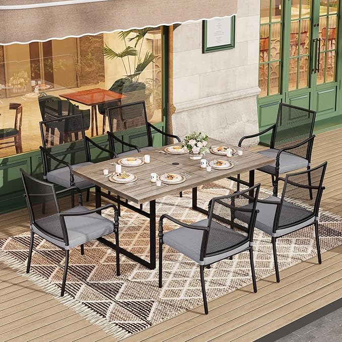 HERA'S HOUSE Metal Patio Table and Chairs Set, 7 Piece Outdoor Dining Set, 6 x Cushioned Chairs with 64" Rectangular Wood-Like Table for Backyard Garden Lawn Restaurant