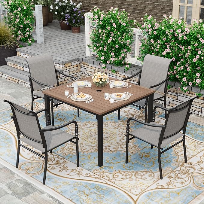 HERA'S HOUSE 5-Piece Outdoor Dining Set, 42" Square Patio Table and Chairs Set with Umbrella Hole for Restaurant Garden Lawn Backyard