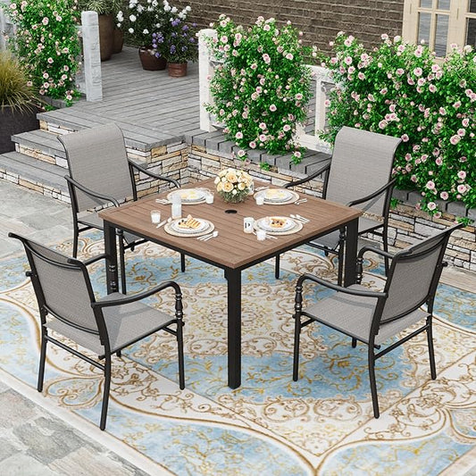 HERA'S HOUSE 5-Piece Outdoor Dining Set, 42" Square Patio Table and Chairs Set with Umbrella Hole for Restaurant Garden Lawn Backyard