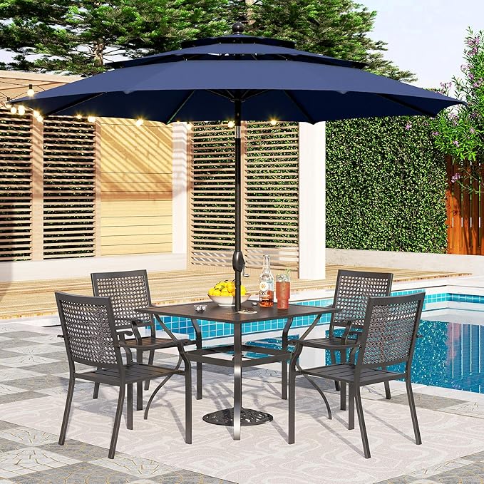 PHI VILLA 5 PCS Outdoor Dining Set with Umbrella for 4, Metal Steel Square Dining Table & Stacking Chais & 3-Tier Round Umbrella, Dining Furniture Set for Patio, Deck, Yard and Porch