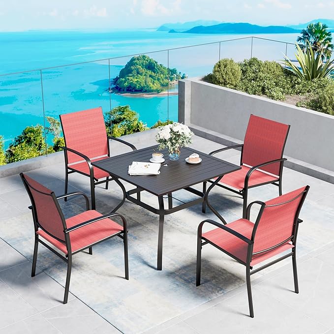 5 Piece Patio Dining Set for 4, 37”Square Table with Umbrella Hole, 4 x Metal Red Chairs, Outdoor Table and Chairs for Lawn and Deck
