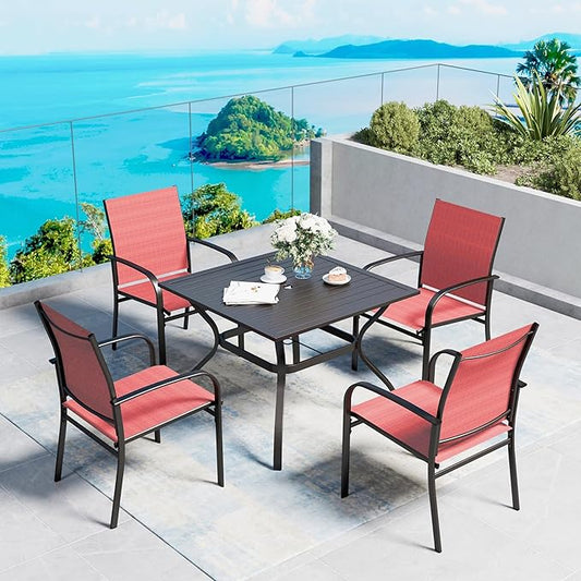 5 Piece Patio Dining Set for 4, 37”Square Table with Umbrella Hole, 4 x Metal Red Chairs, Outdoor Table and Chairs for Lawn and Deck