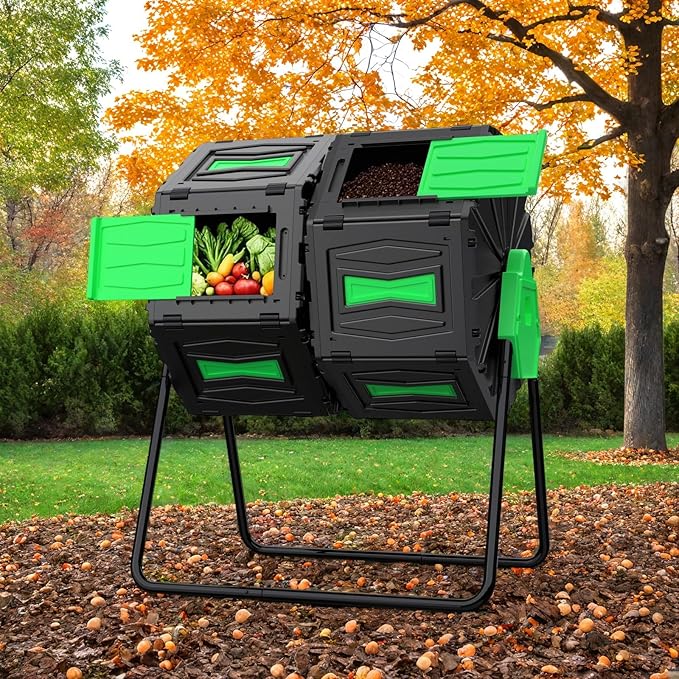 45 Gallon Dual Chamber Compost Tumbler, BPA-Free Rotating Outdoor Composter for Kitchen Waste & Yard, Heavy-Duty Fast Composting Bin for Sustainable Winter Gardening & Spring Prep