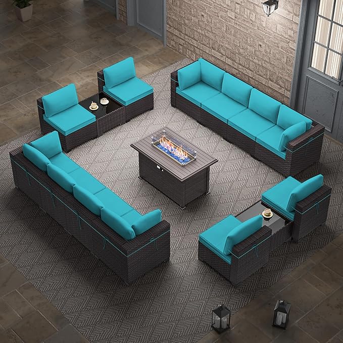 Outdoor Patio Furniture Set with Propane Fire Pit Table, 15 Pieces Outdoor Furniture Patio Sectional Sofa Conversation Sets w/ETL Approved Gas Outdoor Fire Table & Coffee Table(Blue)