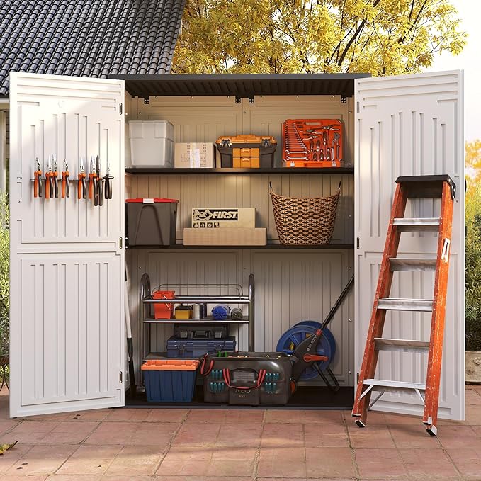 Vertical Resin Storage Shed, 60 Cuft Garden Tool Sheds & Outdoor Storage, Plastic Outdoor Storage Cabinet Waterproof, 4.5 x 2.3 ft Backyard Outside Lawn Mower Storage Shed, White
