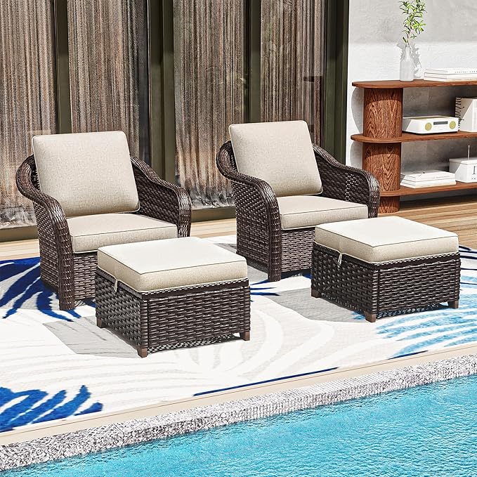 4 Pieces Patio Outdoor Conversation Furniture Set with Cushions, All-Weather Wicker Ottomans, PE Rattan 2 Chairs for Backyard, Deck, Lawn (Beige)