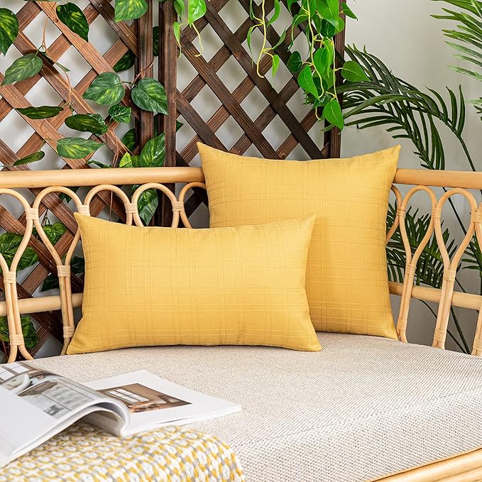 Kevin Textile Pack of 2 Outdoor Waterproof Pillow Covers Checkered Decorative Cushions Sham Throw Pillowcases Shell for Patio Tent Garden Couch Bed Sofa 22x22 Inch Yellow