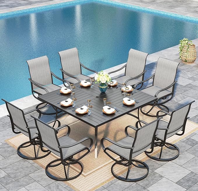 Sophia & William Outdoor Dining Set Patio Dining Sets Patio Table and Chairs Set 9 Pieces Square Outdoor Dining Table for 8 with Swivel Patio Set for Garden Pool All Weather Grey
