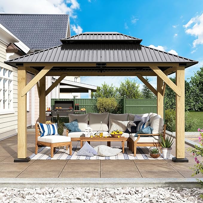 10 x 12 FT Wood Gazebo,Outdoor Wooden Hardtop Gazebo with Galvanized Steel Doule Roof,Cedar Wood Frame Gazebos for Patio Backyard Deck