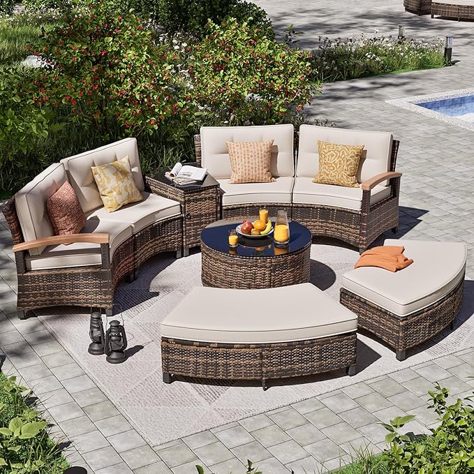 MEISSALIVVE 8 Piece Outdoor Patio Furniture Set, Half-Moon Curved Sectional Set with Wood Armrests, Patio Conversation Set, 2 Half-Moon Ottomans，Coffee & Side Tables (Brown)