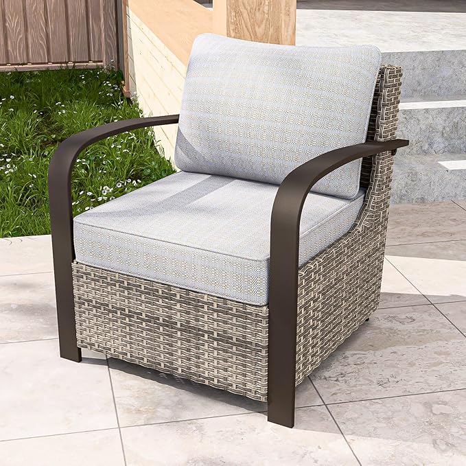 COOS BAY Aurora Terrace Outdoor Chairs with Cushions, Wicker Dining Set with Deep 4-Inch Seating, Modern Curved Armrest Porch Chairs, Set of 1, Beige/Beige
