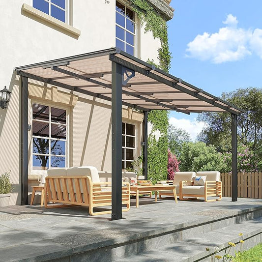 10x12FT Lean to Gazebo, Hardtop Metal Pergola with Polycarbonate Roof, Large Wall Mounted Heavy Duty Awnings, Patio Canopy for Backyard, Deck, Porch