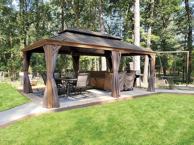 Domi 12' X 18' Hardtop Gazebo Outdoor Metal Gazebo with Galvanized Steel Double Roof Canopy, Wood Grain Aluminum Frame, Curtains and Netting for Patio, Deck, Garden