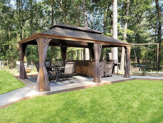 Domi 12' X 18' Hardtop Gazebo Outdoor Metal Gazebo with Galvanized Steel Double Roof Canopy, Wood Grain Aluminum Frame, Curtains and Netting for Patio, Deck, Garden