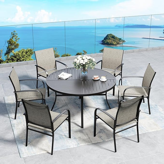7 Piece Outdoor Dining Set for 6, 54" Round Metal Table with Umbrella Hole, 6 Brown Dining Chairs, Patio Table and Chairs Set for Backyard Lawn