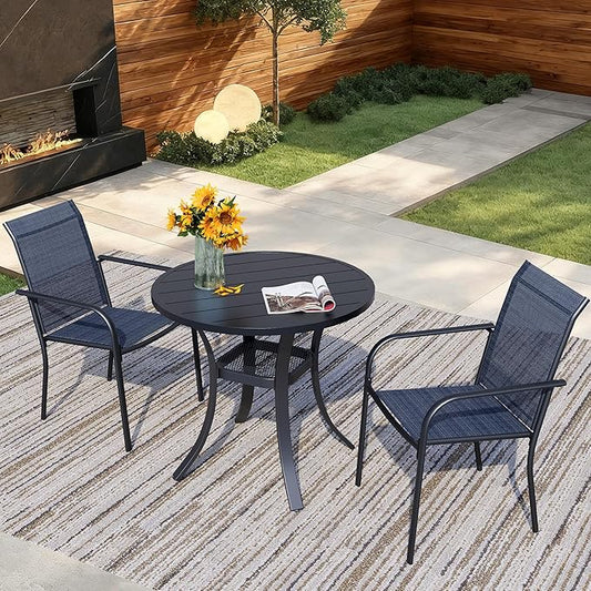 3 Pieces Round Dining Table Set for 2, Patio Dining Set Includes 2 Dark Blue Stackable Patio Chairs and 27.6" Black Metal Round Table, Patio Furniture Sets with Sling Support for Outside, Garden