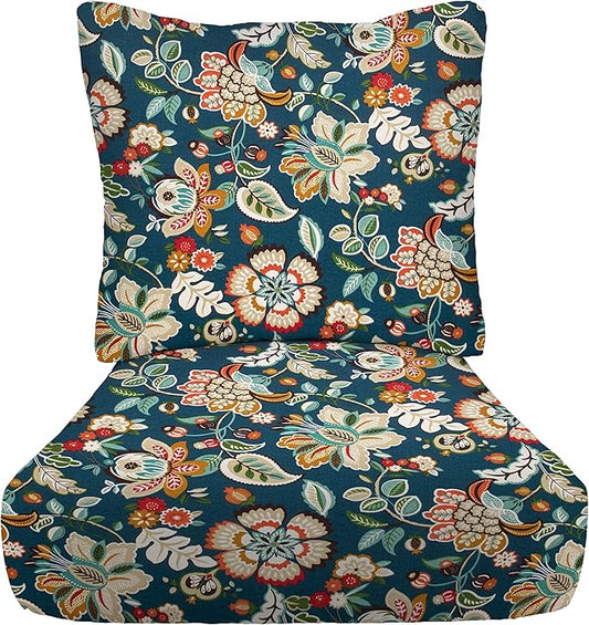 RSH DECOR: Deep Seating Cushion with Pillow Back | 24” x 27” Seat | All-Weather Spun Fabric | Water and Fade-Resistant | Outdoor Chair Cushion Set for Patio Furniture | Telfair Peacock