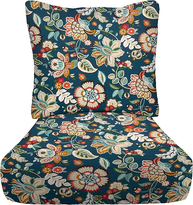 RSH DECOR: Deep Seating Cushion with Pillow Back | 23” x 26” Seat | All-Weather Spun Fabric | Water and Fade-Resistant | Outdoor Chair Cushion Set for Patio Furniture | Telfair Peacock