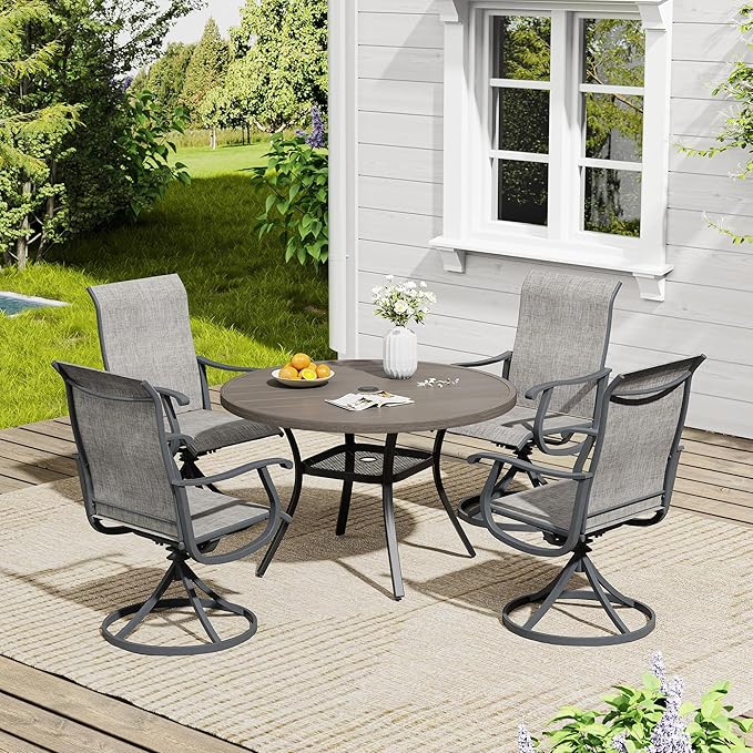 VICLLAX 5 Pieces Outdoor Dining Set, Patio Furniture Set of 4 Patio Swivel Dining Chairs and 41" Patio Round Table with Storage Shelf, Grey Chairs & Antique Grey Tabletop