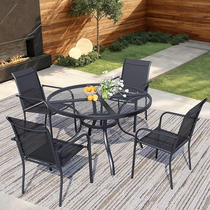 5 Pieces Round Dining Table Set for 4, Patio Dining Set Includes 4 Black Stackable Patio Chairs and 1 Black Mesh Round Table, Patio Furniture Sets with Sling Support for Outside, Garden