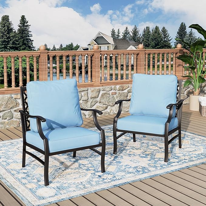 Patio Chairs Set of 2, High Back Outdoor Patio Metal Leg Chairs with 5.75" Thick Cushions for Bistro Balcony Porch Deck and Yard, Blue