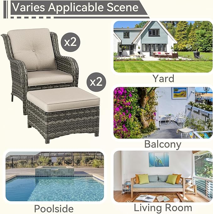 4 Pieces Patio Conversation Set, Wicker Chairs Set of 2 and Two Ottomans with 3.5-inch Seat Cushions, High Back and Curved Armrest for Backyard, Balcony and Deck, Beige
