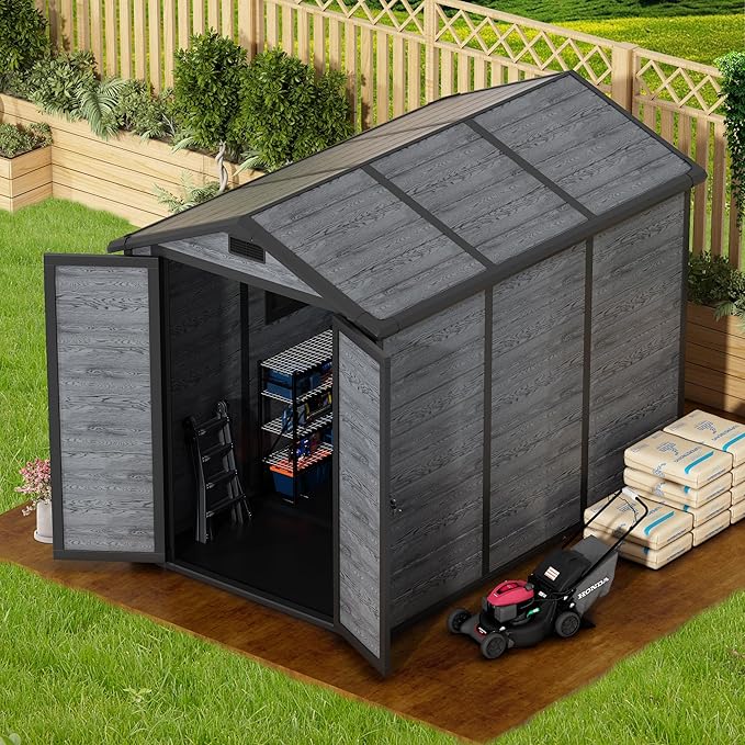 8.7x5.5 FT Resin Outdoor Storage Shed with Floor, Weather-Resistant Plastic Garden Shed with Windows, Lockable Door and Vents, Outside Tool Storage Sheds for Backyard, Garden, Lawn, Wood Grain