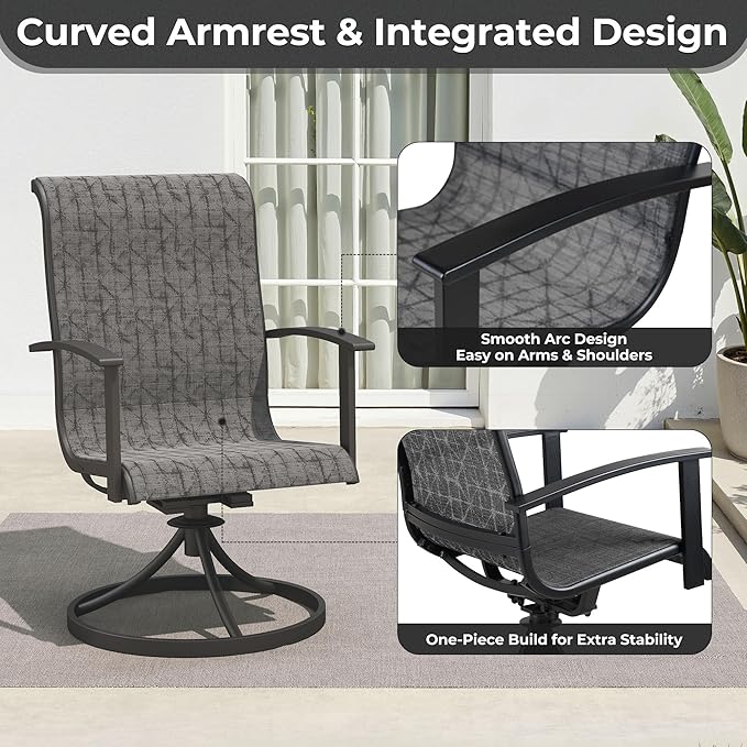 Grand patio Outdoor Swivel Dining Chairs Set of 2, 360 Degree Mesh Sling Rocker Sets for Deck, Garden Backyard, Black & Grey Plaid