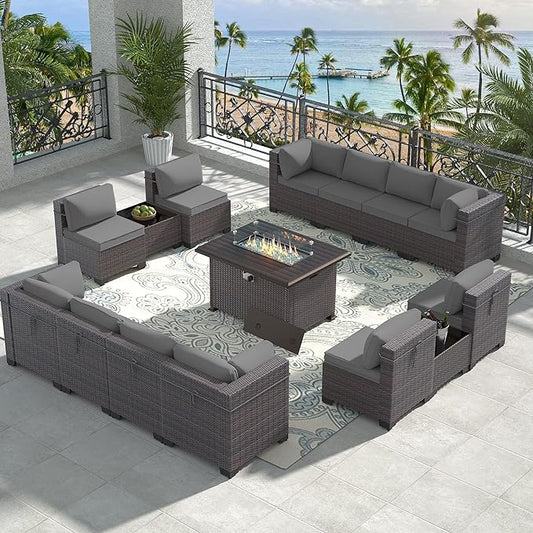 Outdoor Patio Furniture Set with Propane Fire Pit Table, 15 Pieces Furniture Patio Sectional Sofa Conversation Sets w/ETL Approved 43" Gas Outdoor Fire Table & Coffee Table(Grey)