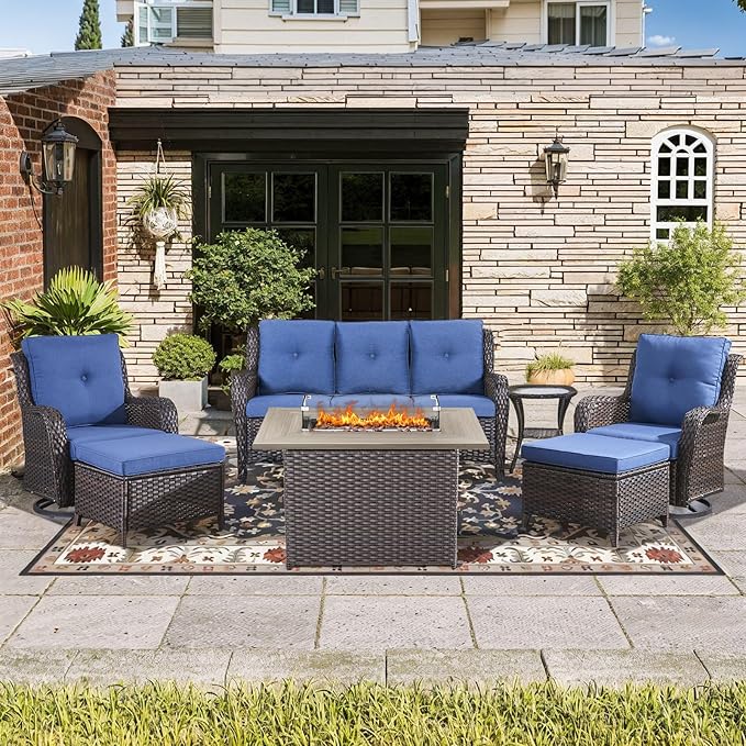 Wicker Outdoor Conversation Se with 50,000 BTU Gas Propane Fire Pit Tablet-7 Pieces Outdoor Wicker High Back Couch Patio Furniture for Deck Poolside Backyard