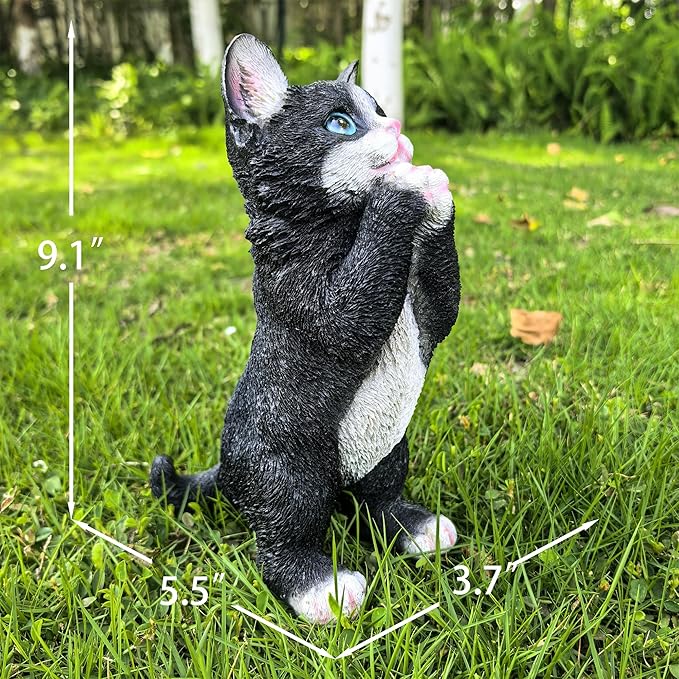 Playful Cat Statue Kitten Sculpture for Garden,Black & White Cat Figurine Decorative for Patio,Cute Outdoor Fairy Flower Bed Lawn Yard Ornament