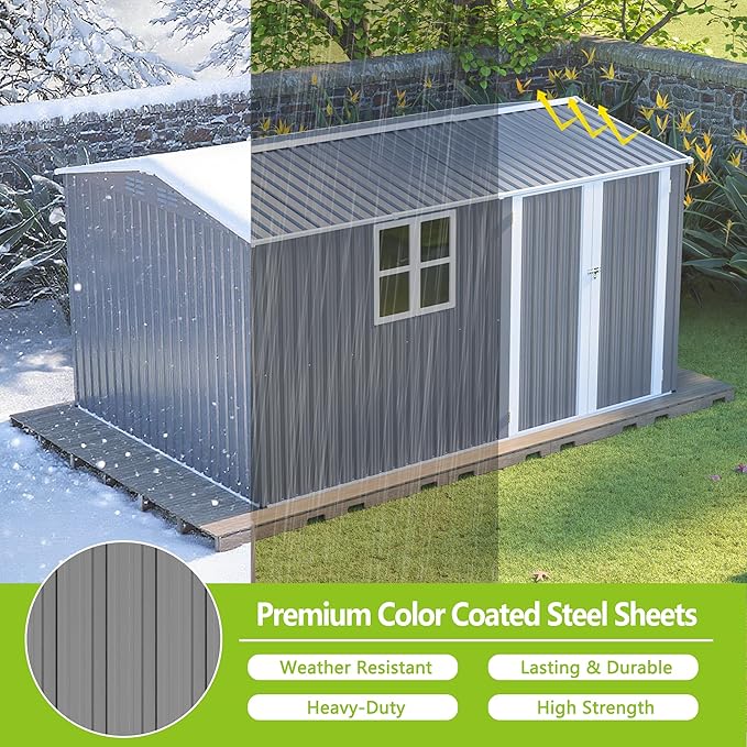 8x12 FT Storage Shed Outdoor, XL Heavy-Duty Steel Building with Window – Features Hinged Gray Doors & 4 Air Vents for Backyard, Garden, Patio, with Floor Frame (Gray)